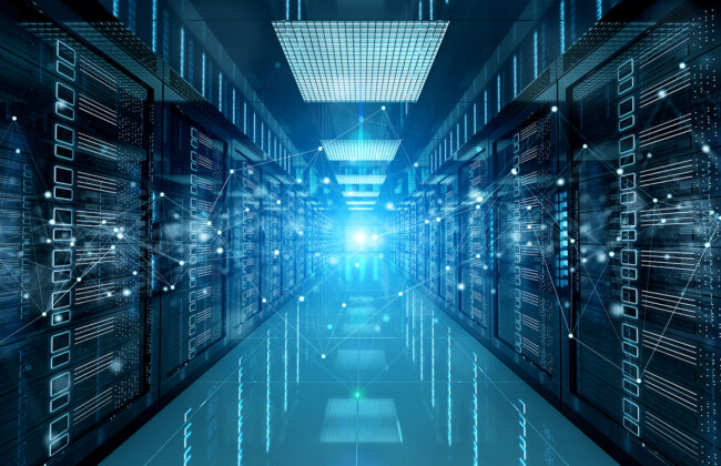 Réseau de connexion dans les serveurs sombres, salle de stockage des systèmes de centre de données, rendu 3D